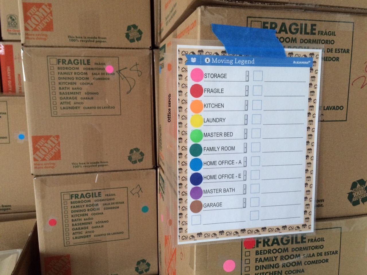 All of our moving boxes were numbered, inventoried, and color-coded!