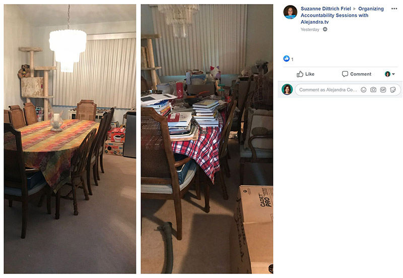 A screen capture of a Facebook post from user Suzanne Dittrich Friel showing a before and after picture of her dining room with no caption.